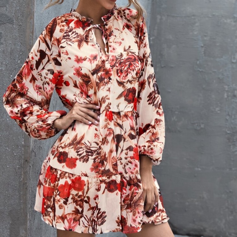 H&M Fall 2020 Floral Tie Neck Smock Mini Dress 2